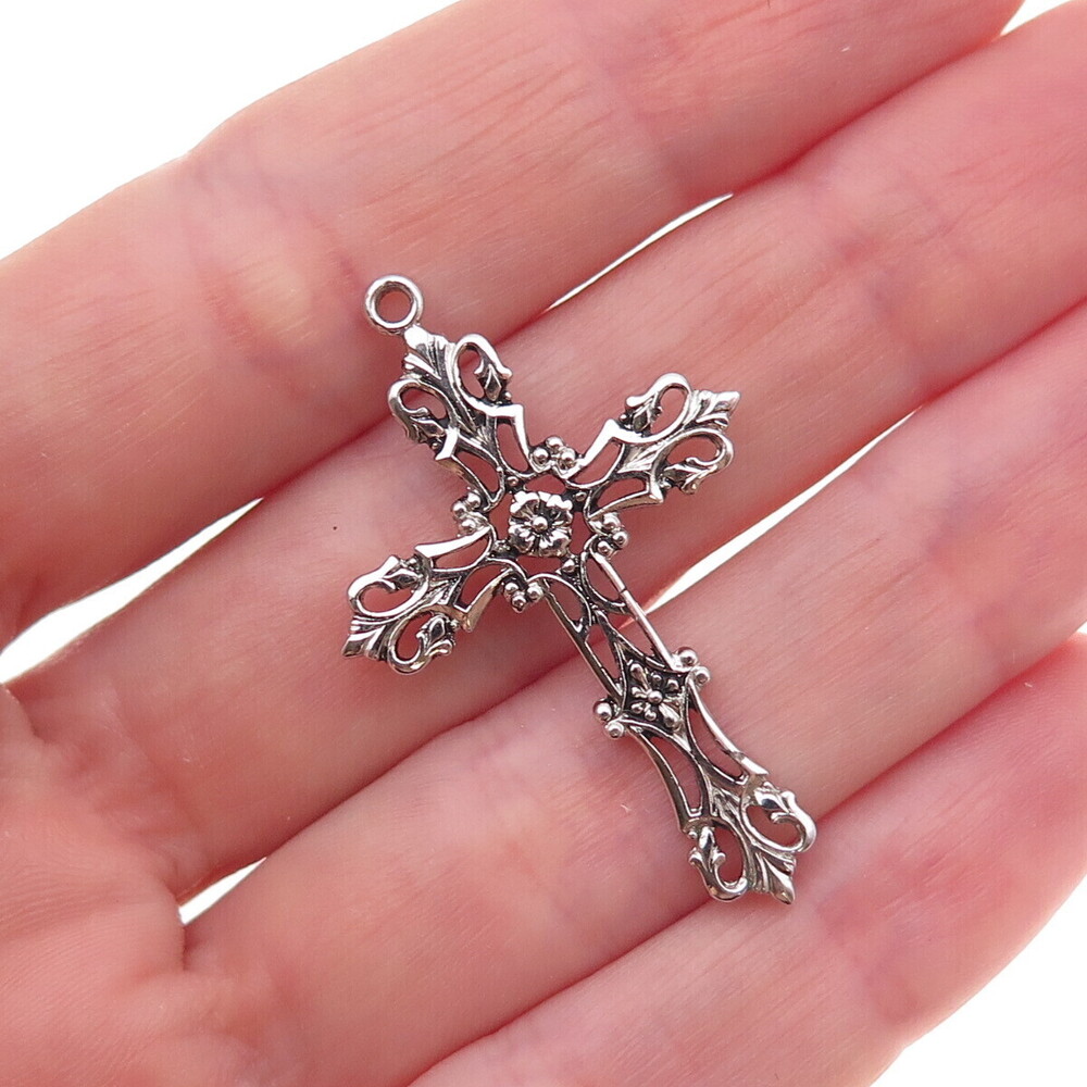 Marvel 925 Sterling Silver Vintage Fleur de Lis Floral Cross Charm Pendant